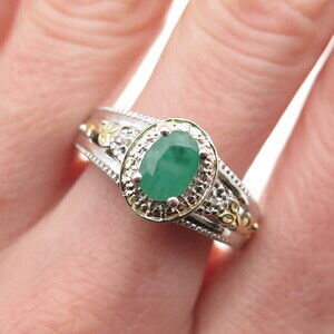 Chuck Clemency 925 Sterling Silver 2-Tone Real Diamond & Emerald Ring Size 8.25